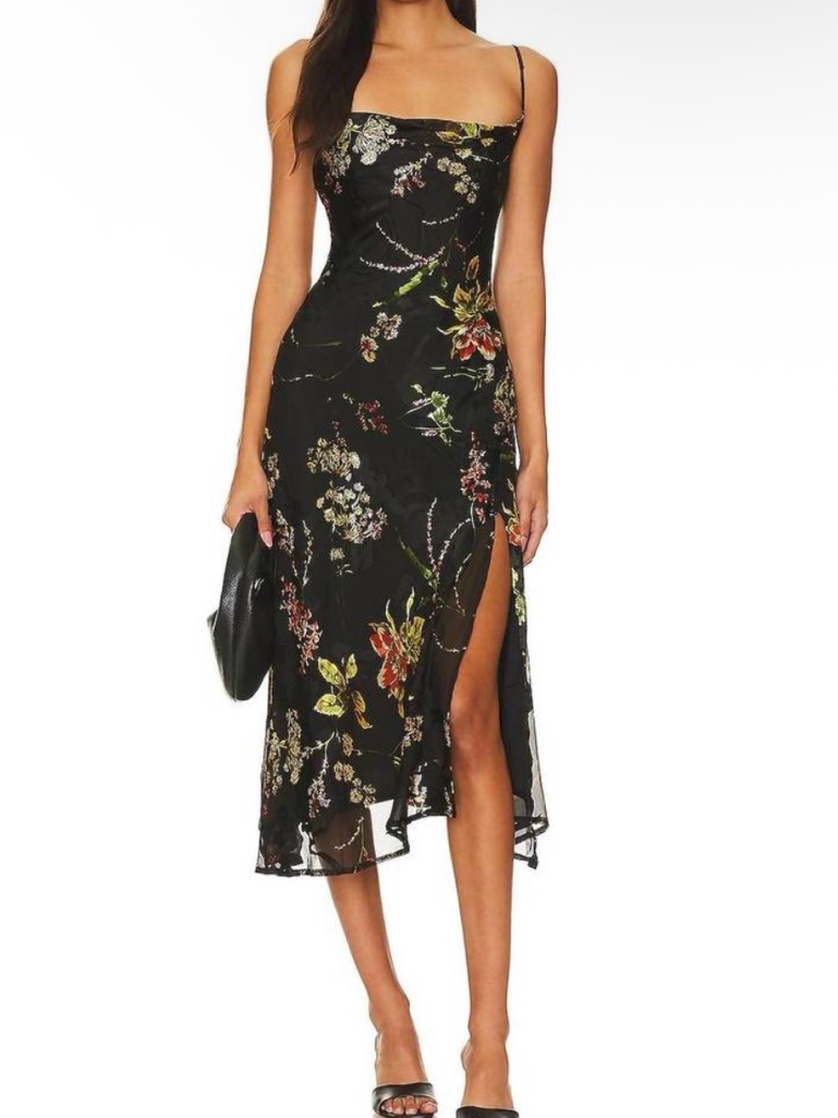 Astr Gaia Floral Burnout Slip Dress Black Midi Cowl Neck Slit